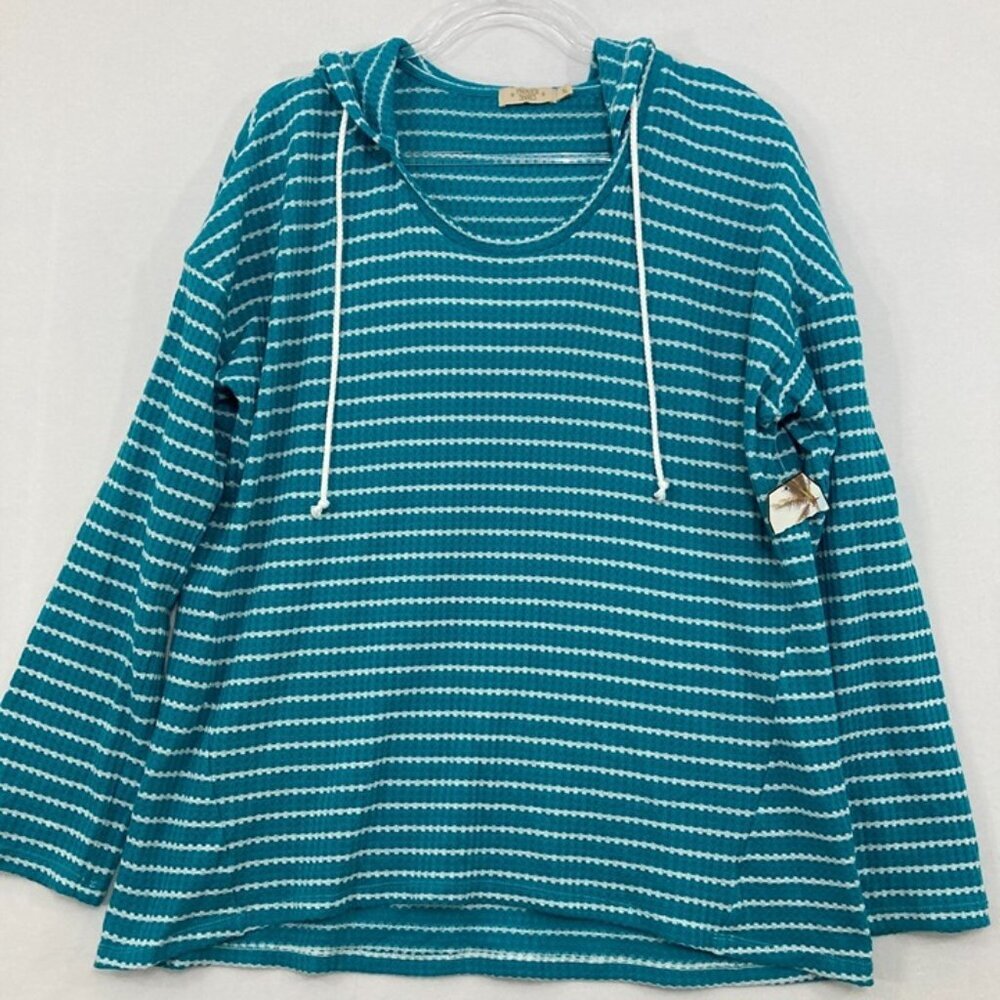 New Paradise Shores size XL Blue White‎ Striped Waffle Knit Hooded Top Coastal